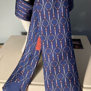 Hermes Neck Tie Blue Gray Copper Buckle Equestrian 831 EA 100% Silk Authentic